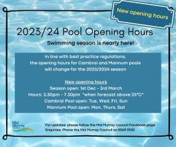 Summer Swimming Season : Friday 1st December o Sunday 3rd March